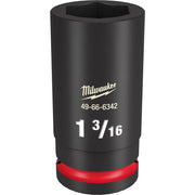 Black Milwaukee deep socket with 3/4" drive, 1 3/16" size, and red grip band at base.