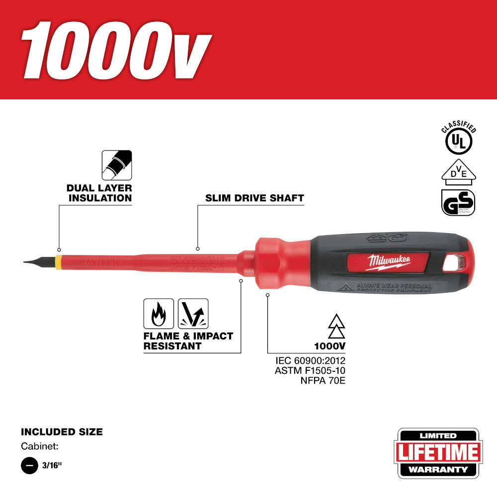 Milwaukee 1000V insulated screwdriver with red handle, black grip, and 3/16 inch cabinet tip, featuring dual layer insulation