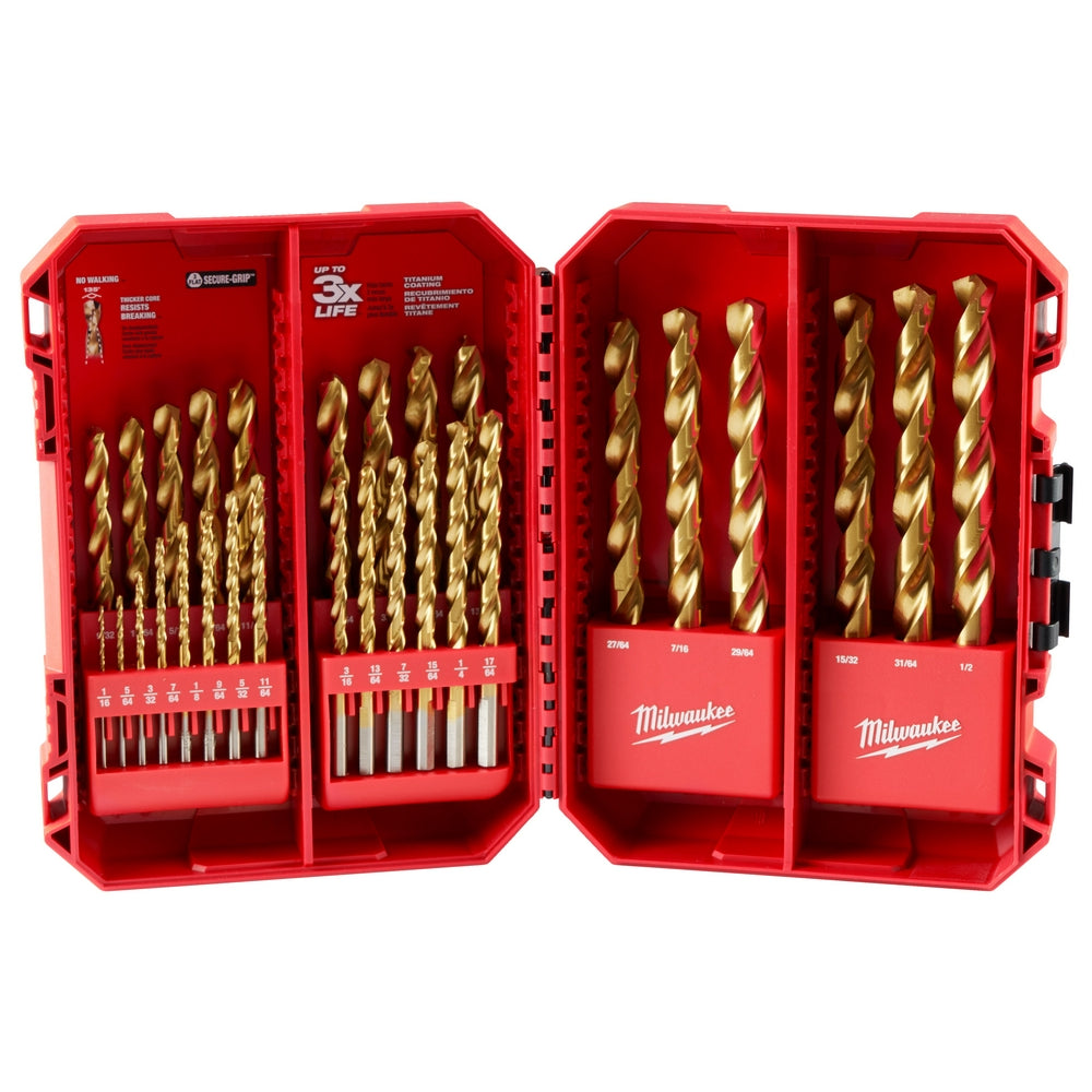 Red Milwaukee carrying case with 29 titanium drill bits in various sizes arranged in organized compartments.