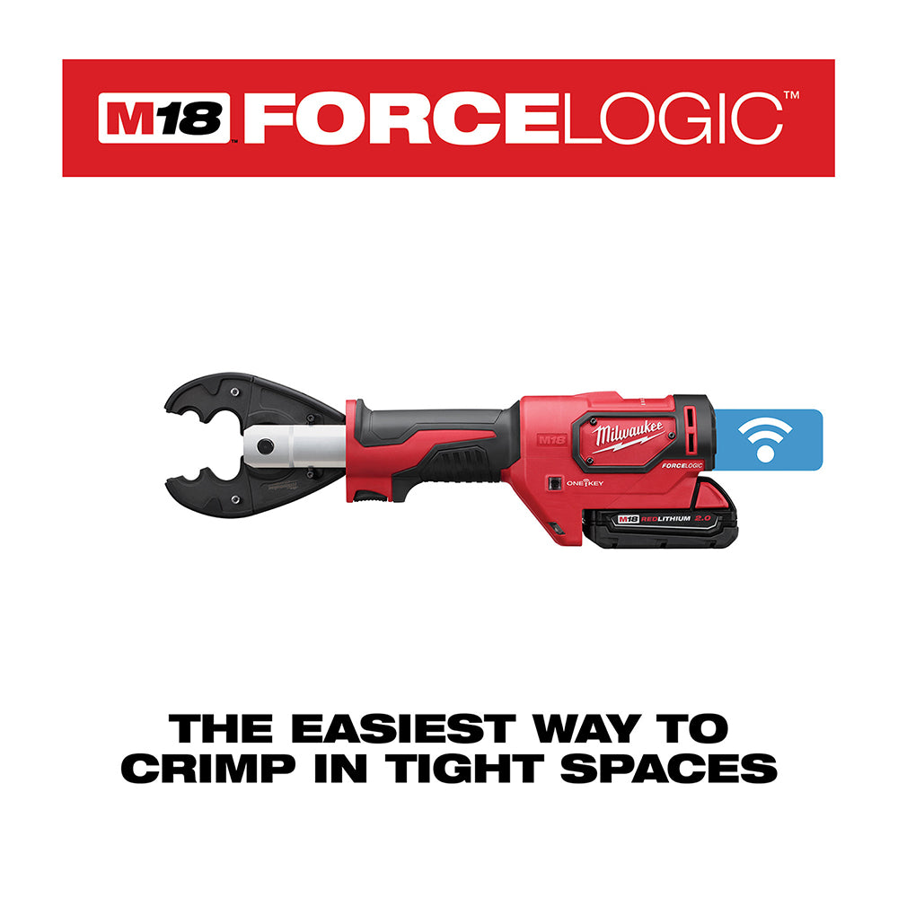 Milwaukee M18 FORCE LOGIC red cordless crimping tool with black die head and attached battery pack.