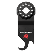 Black Starlock oscillating hook knife blade with circular mounting head and curved hook end for multi-material cutting.