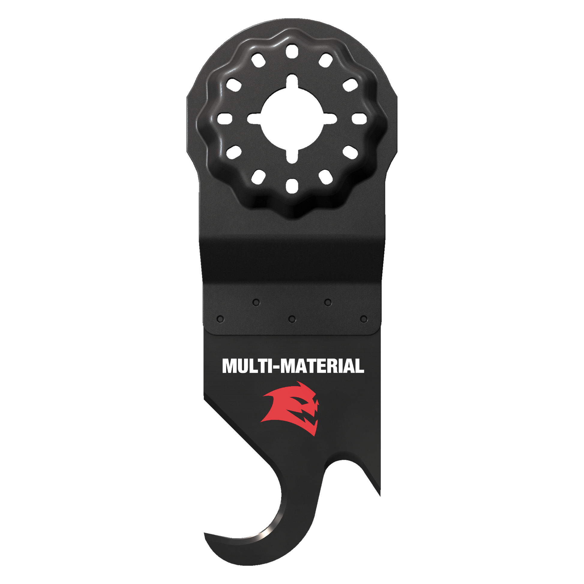 Black Starlock oscillating hook knife blade with circular mounting head and curved hook end for multi-material cutting.