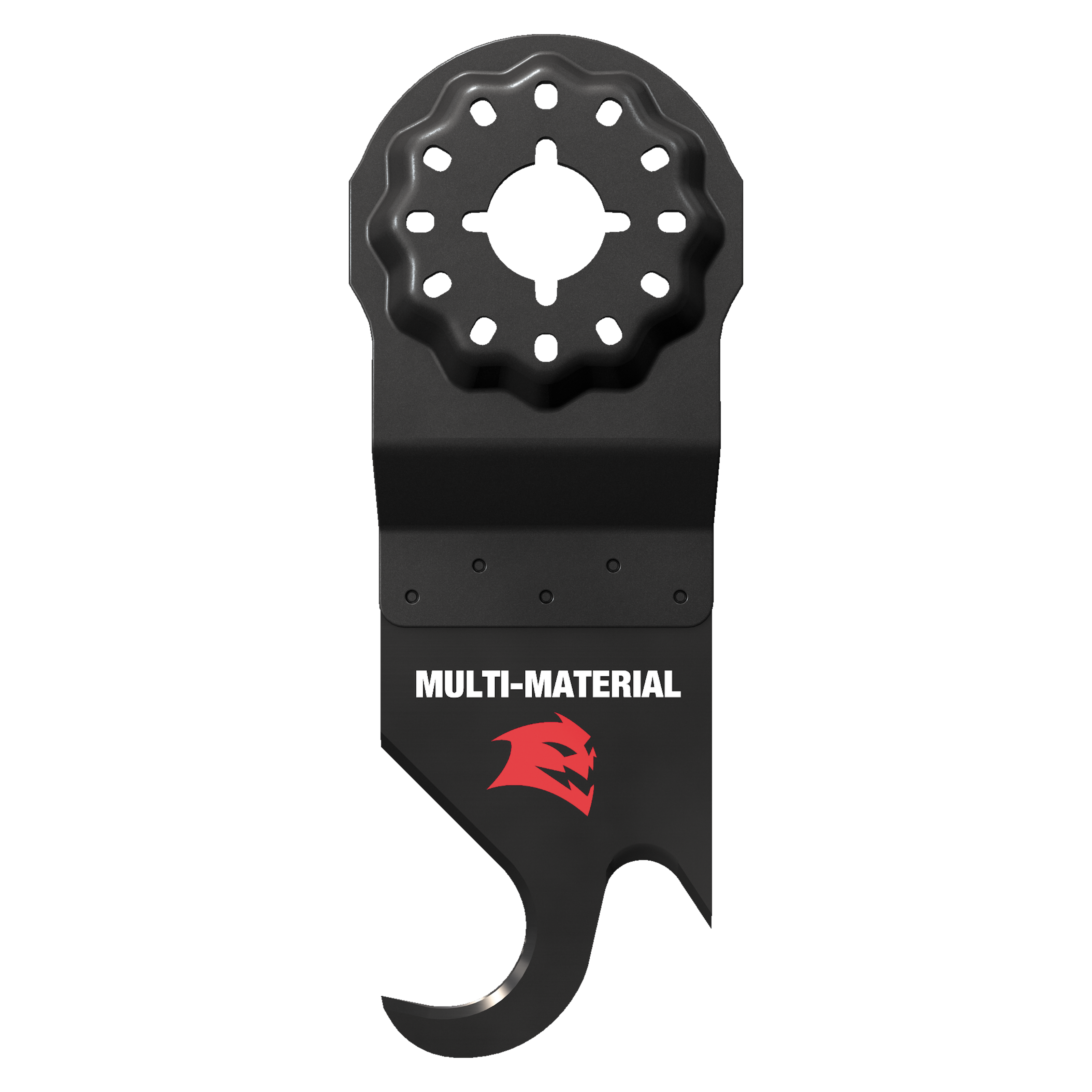 Black Starlock oscillating hook knife blade with circular mounting head and curved hook end for multi-material cutting.