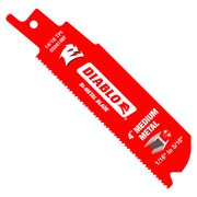 Red Diablo bi-metal reciprocating saw blade with serrated cutting edge and mounting hole.