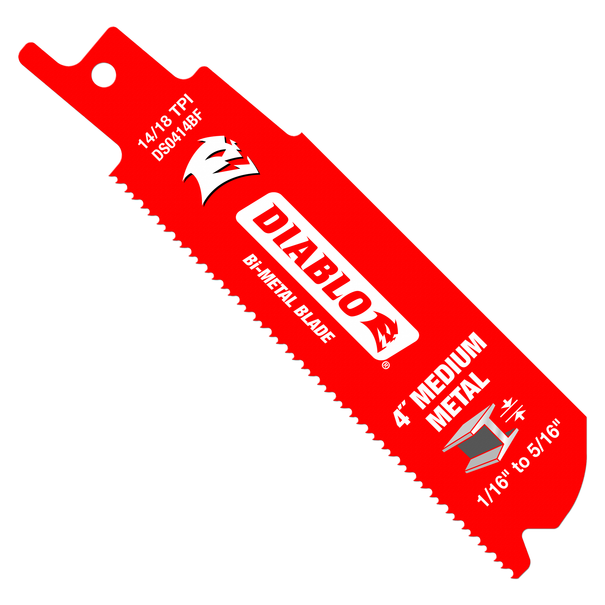 Red 4-inch Diablo bi-metal reciprocating saw blade with serrated cutting edge and mounting hole.