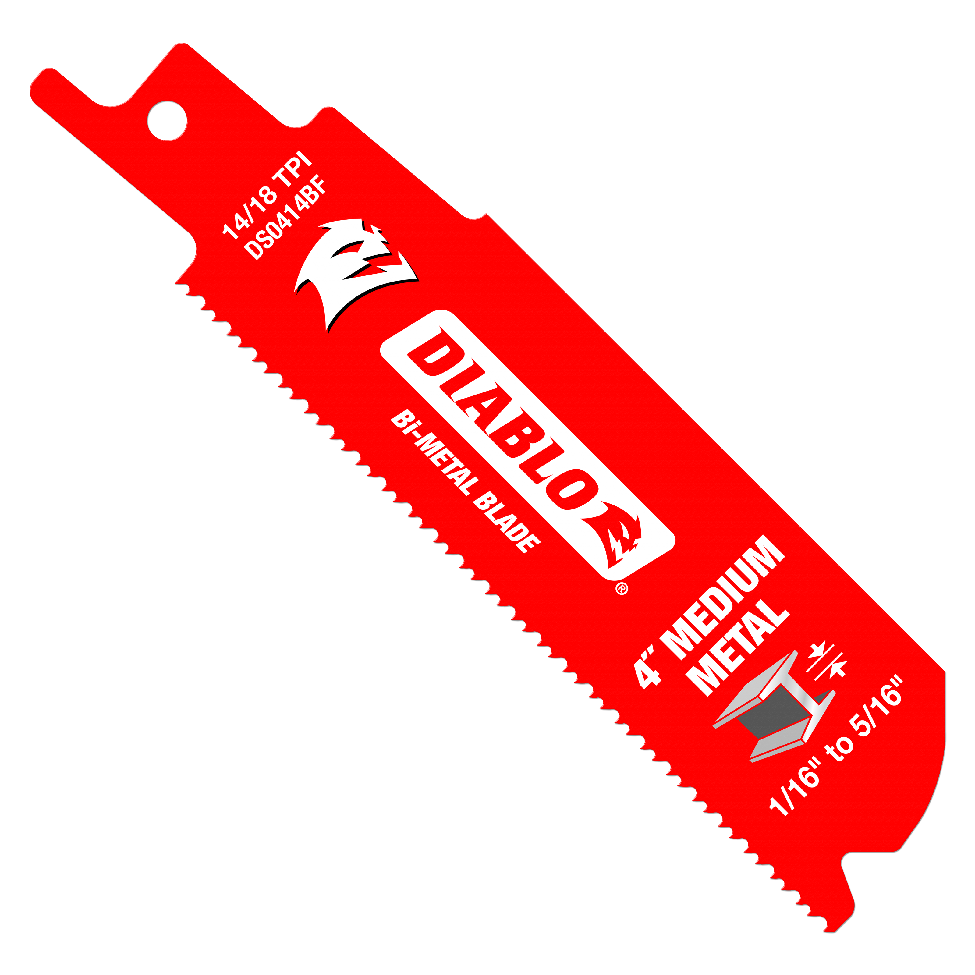 Red 4-inch Diablo bi-metal reciprocating saw blade with serrated cutting edge and mounting hole.
