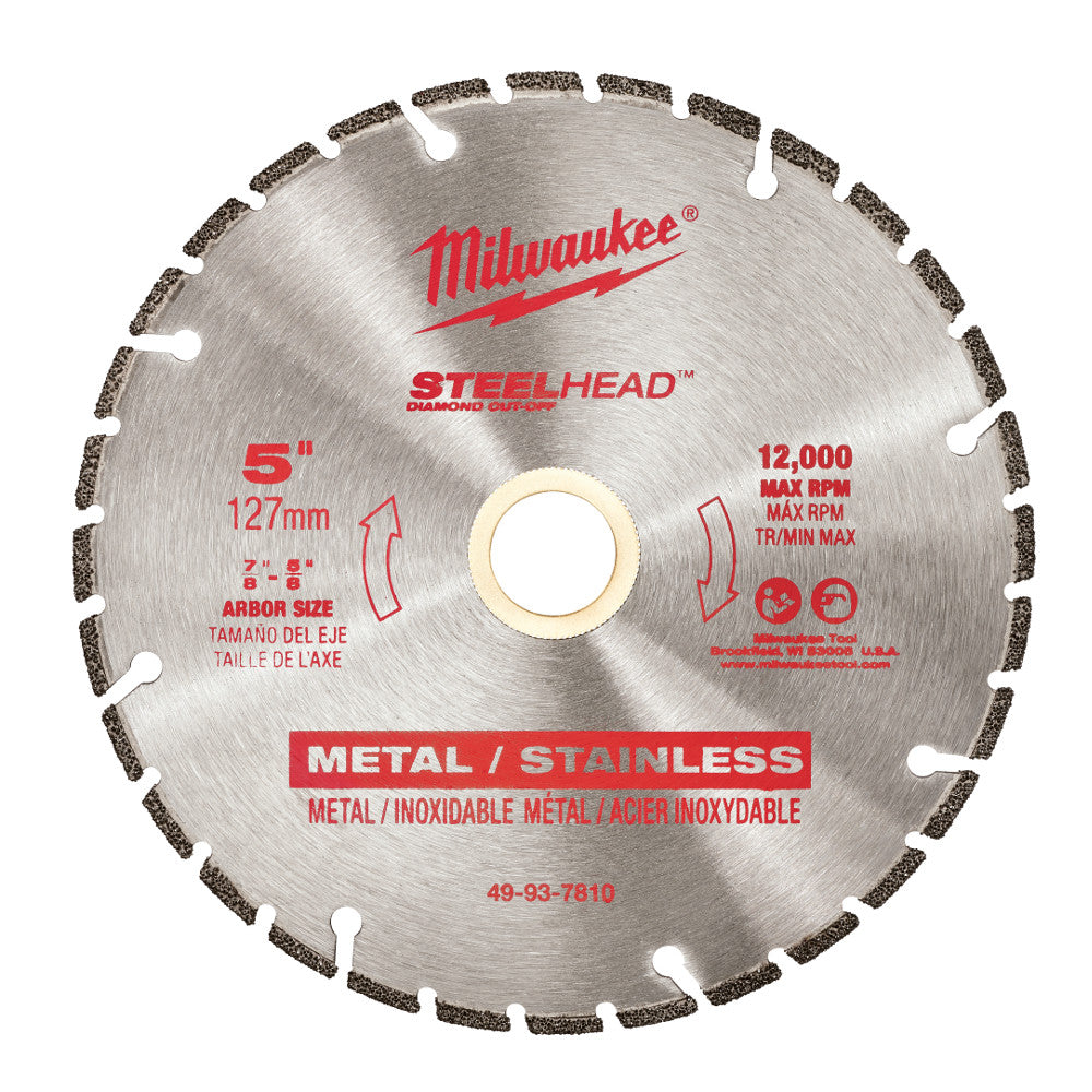 Milwaukee STEELHEAD 5-inch diamond cut-off blade with segmented rim, center arbor, rated 12,000 max RPM for metal and stainle