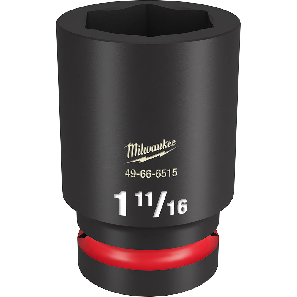 Black Milwaukee Shockwave Impact Duty socket with red band, 1-11/16" size, 6-point design for 1" drive.