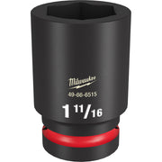 Black Milwaukee Shockwave Impact Duty socket with red band, 1-11/16" size, 6-point design for 1" drive.