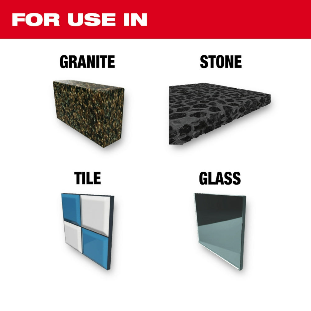 Chart showing drill bit applications for granite, stone, tile, and glass materials.