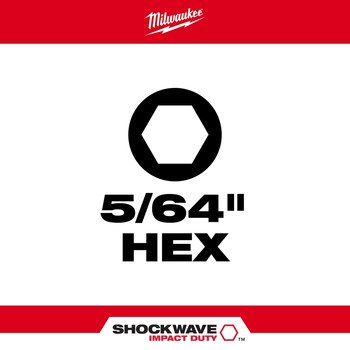 Milwaukee Shockwave 5/64 inch hex insert bit with product specifications and branding on red and white background.