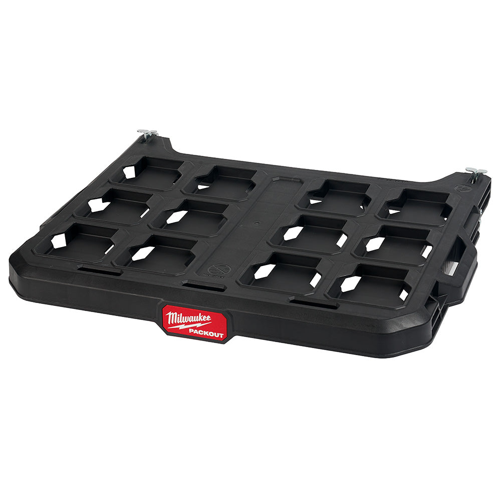 Black PACKOUT racking shelf with multiple square compartments and locking tabs on sides.