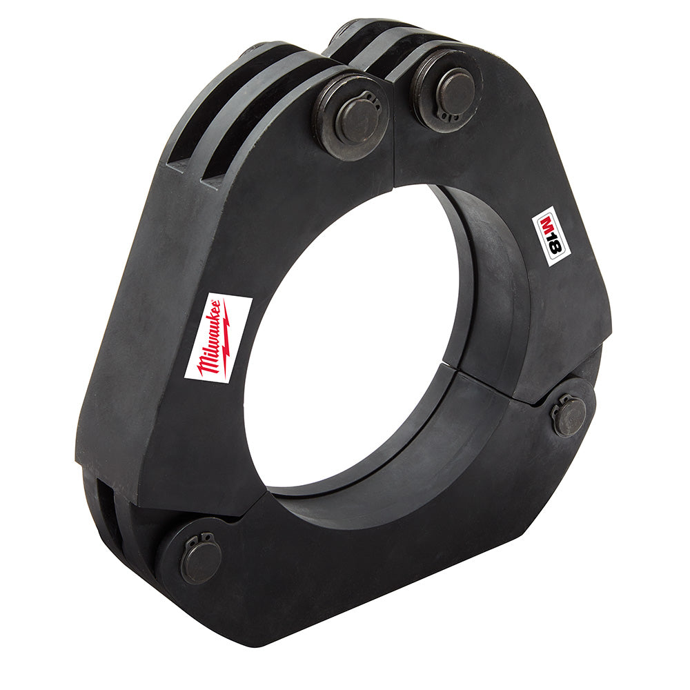 Black metal ring press tool attachment with circular opening and four threaded mounting points on sides.