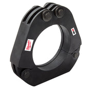 Black metal ring press tool attachment with circular opening and four threaded mounting points on sides.