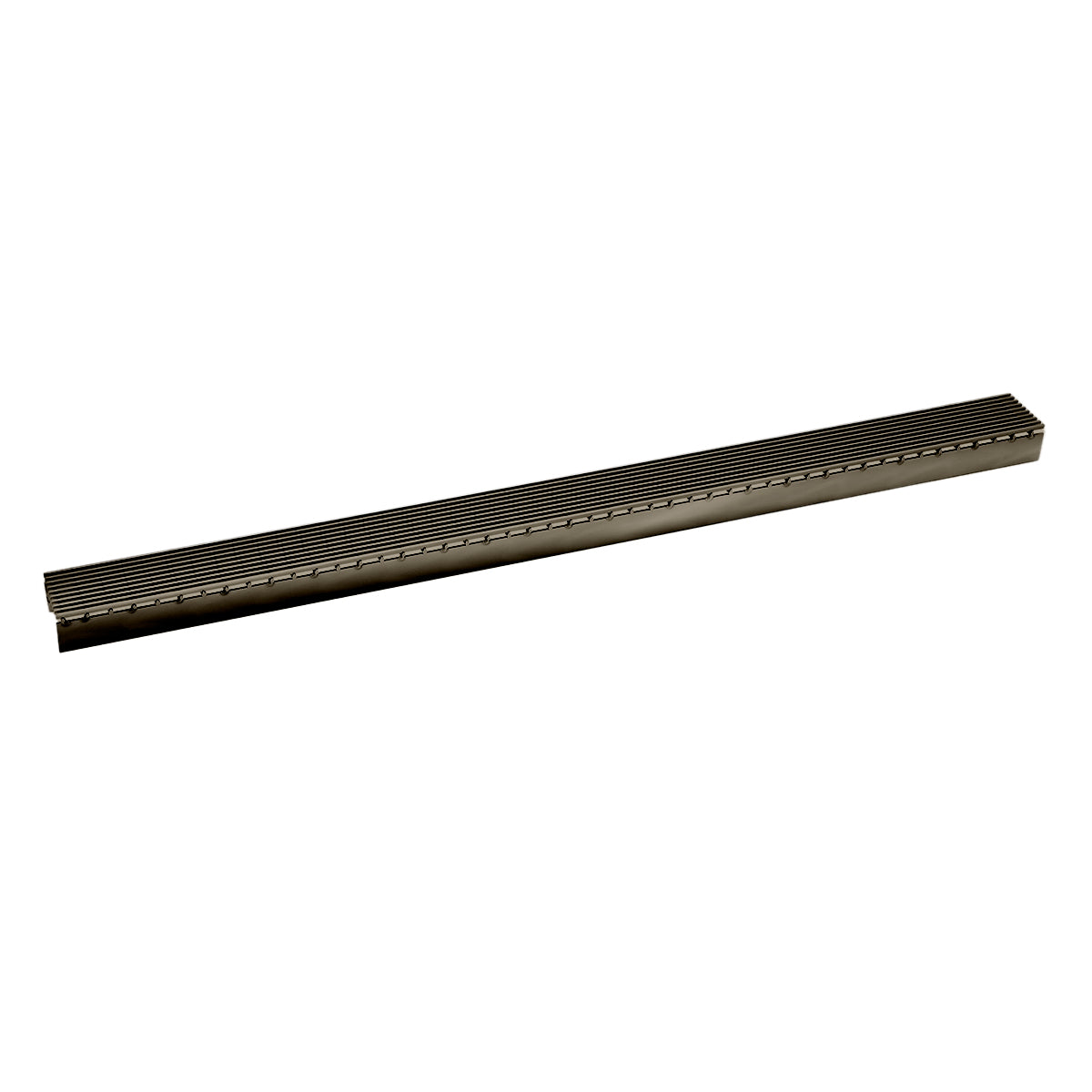 Oil rubbed bronze linear drain grate with parallel slat pattern and decorative edge detail.