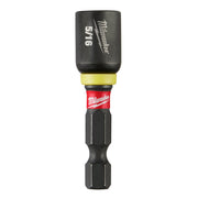 Milwaukee Shockwave Impact Duty magnetic nut driver with black shaft, yellow sleeve, and red brand band.