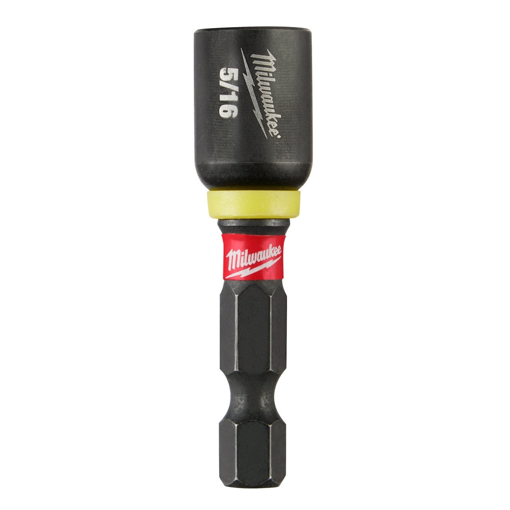 Milwaukee Shockwave Impact Duty magnetic nut driver with black shaft, yellow sleeve, and red brand band.