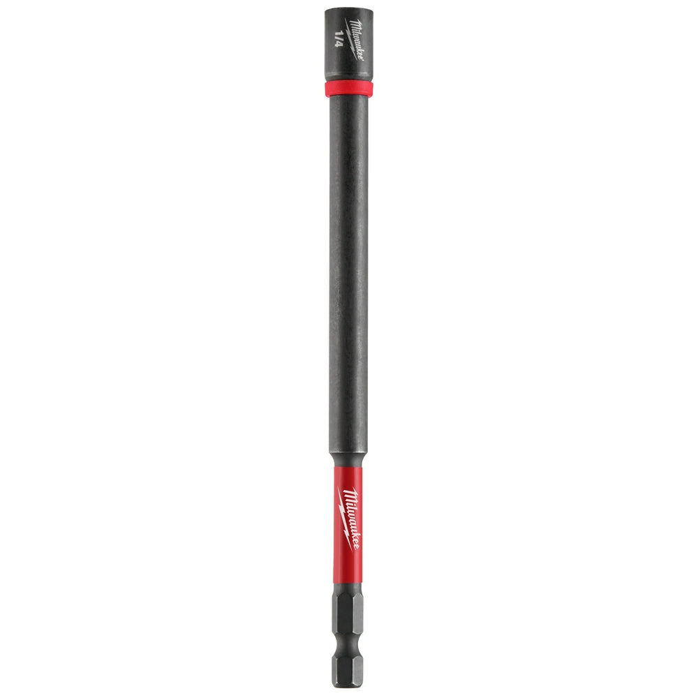 Black and red Milwaukee magnetic nut driver with 1/4" hex shank and black grip sleeve.