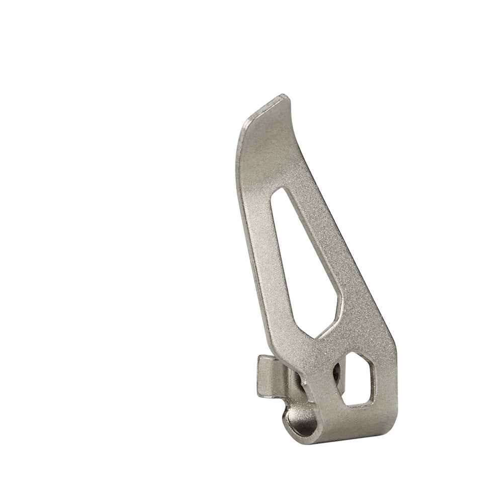 Metal belt clip with curved top, rectangular slot opening, and attachment holes for securing to tool belt.