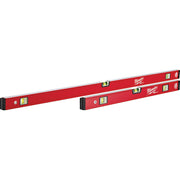 Two red Milwaukee REDSTICK level tools with spirit bubbles and black end caps, one 24 inches and one 48 inches.