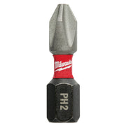 Milwaukee Shockwave Phillips #2 insert bit with gray tip, red band, and black hex base marked "PH2".