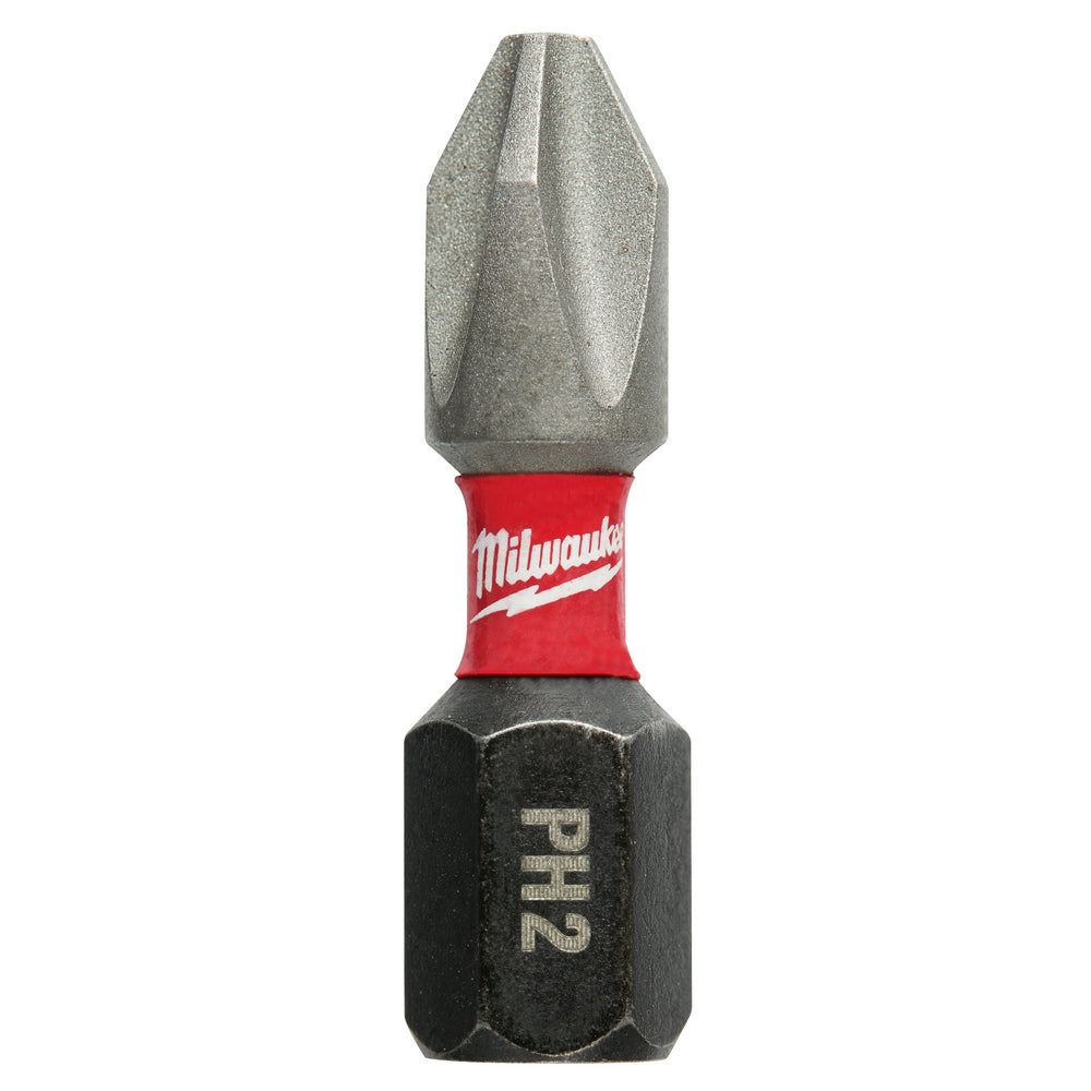 Milwaukee Shockwave Phillips #2 insert bit with gray tip, red band, and black hex base marked "PH2".