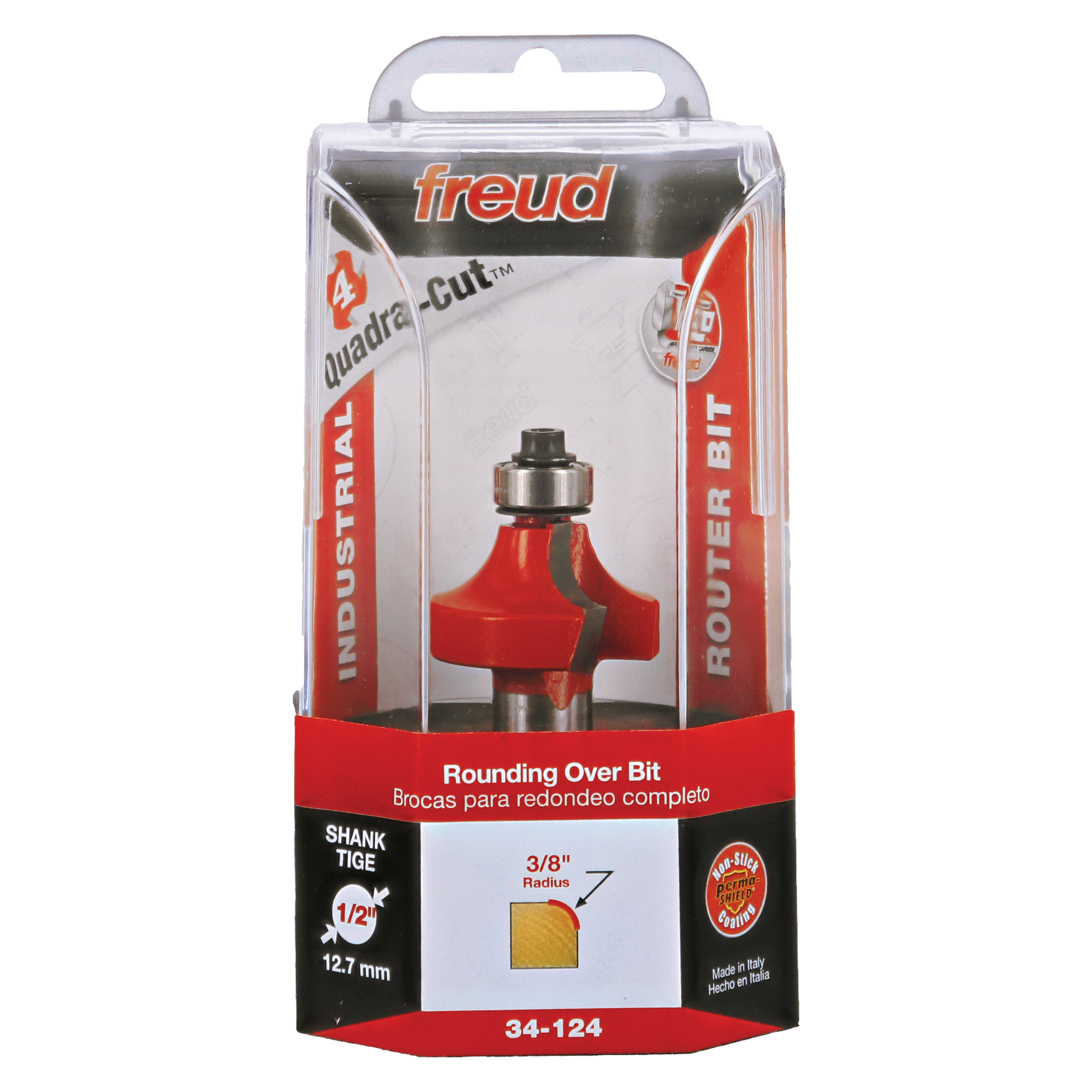 Freud 3/8" radius rounding over router bit with red body, metal shank, in clear plastic clamshell packaging.