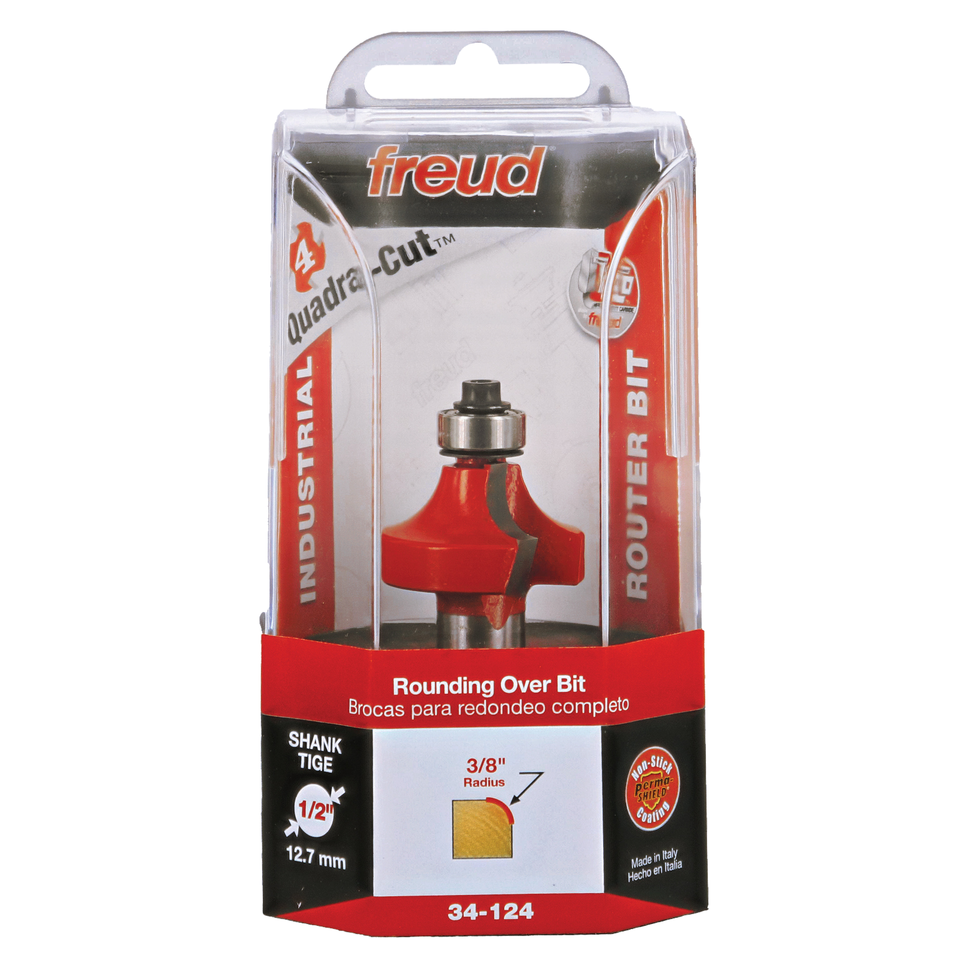 Freud 3/8" radius rounding over router bit with red body, metal shank, in clear plastic clamshell packaging.