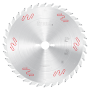Freud 300mm circular saw blade with carbide-tipped teeth, silver coating, and red vibration reduction markings around the per