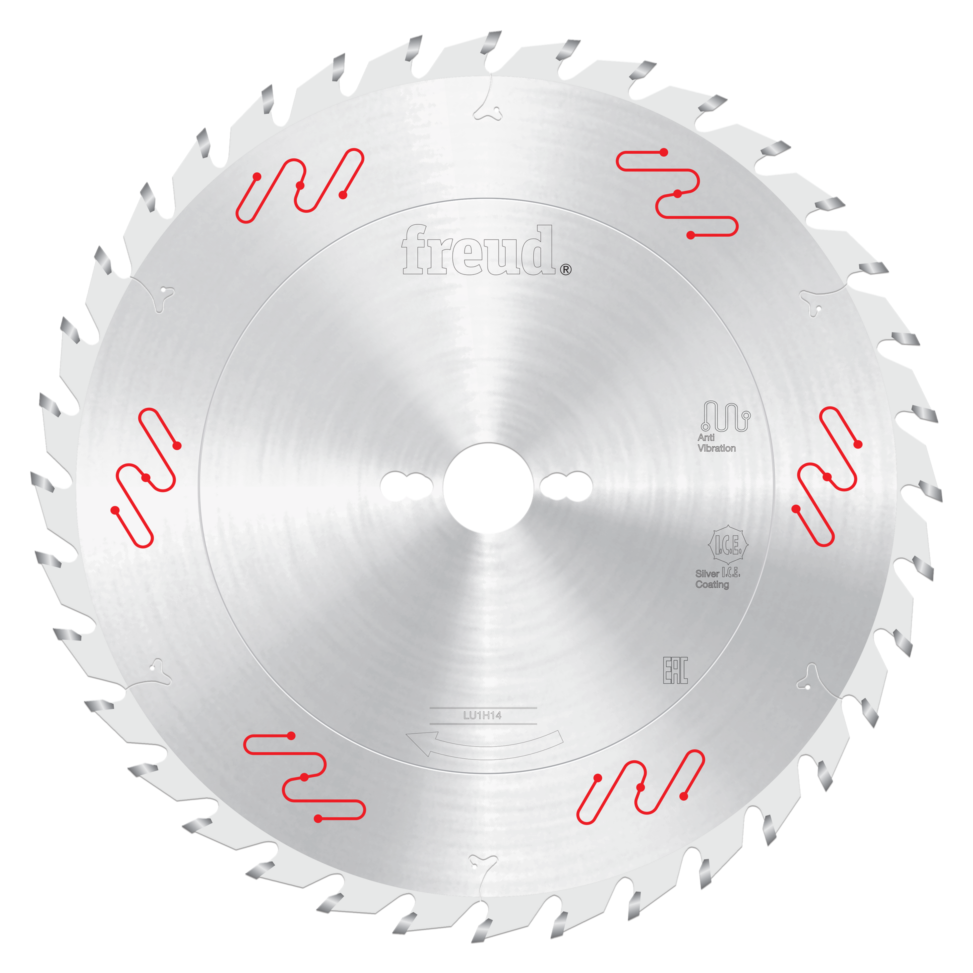 Freud 300mm circular saw blade with carbide-tipped teeth, silver coating, and red vibration reduction markings around the per