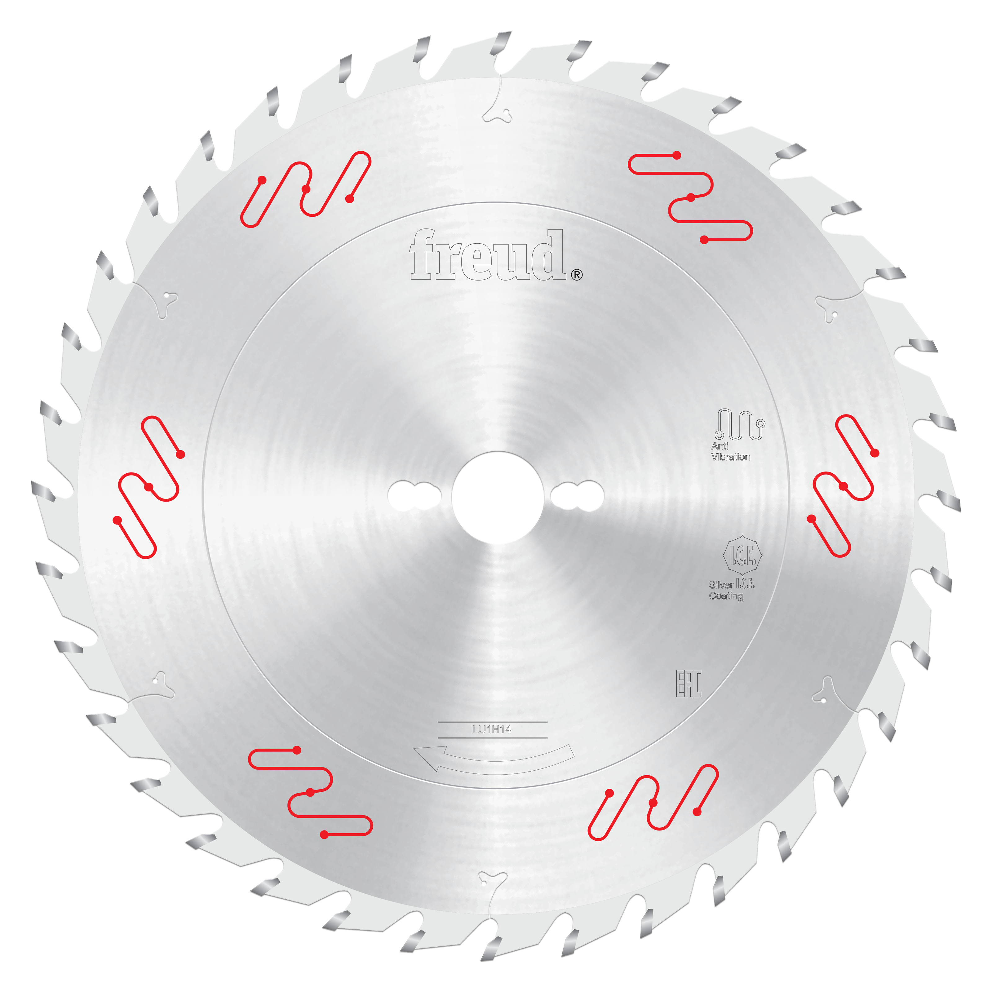 Freud 300mm circular saw blade with carbide-tipped teeth, silver coating, and red vibration reduction markings around the per