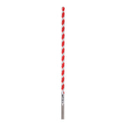 Long carbide hammer drill bit with red and silver spiral flutes and gray shank.