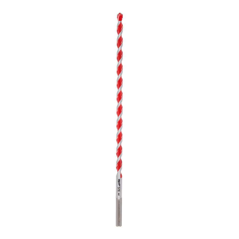 Long carbide hammer drill bit with red and silver spiral flutes and gray shank.