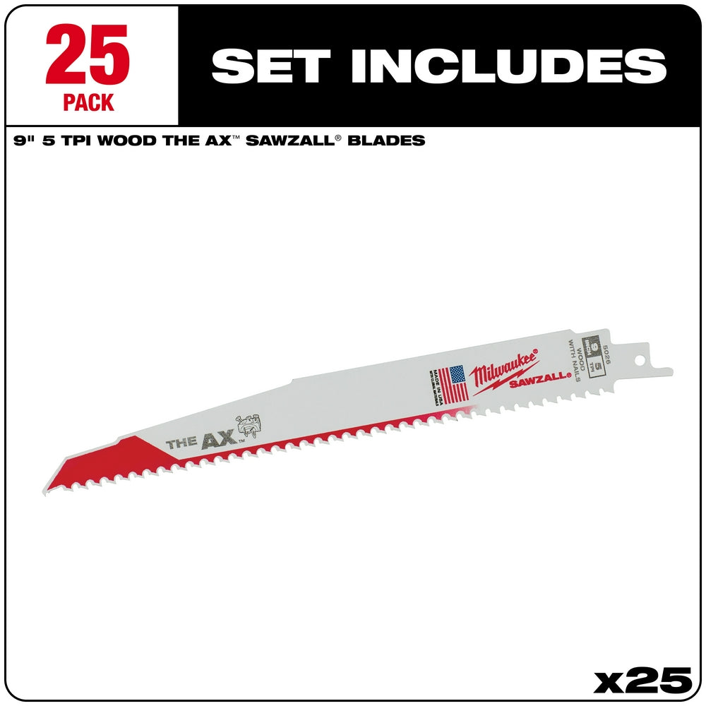 25-pack of 9-inch Milwaukee SAWZALL The AX reciprocating saw blades with 5 teeth per inch for wood cutting.