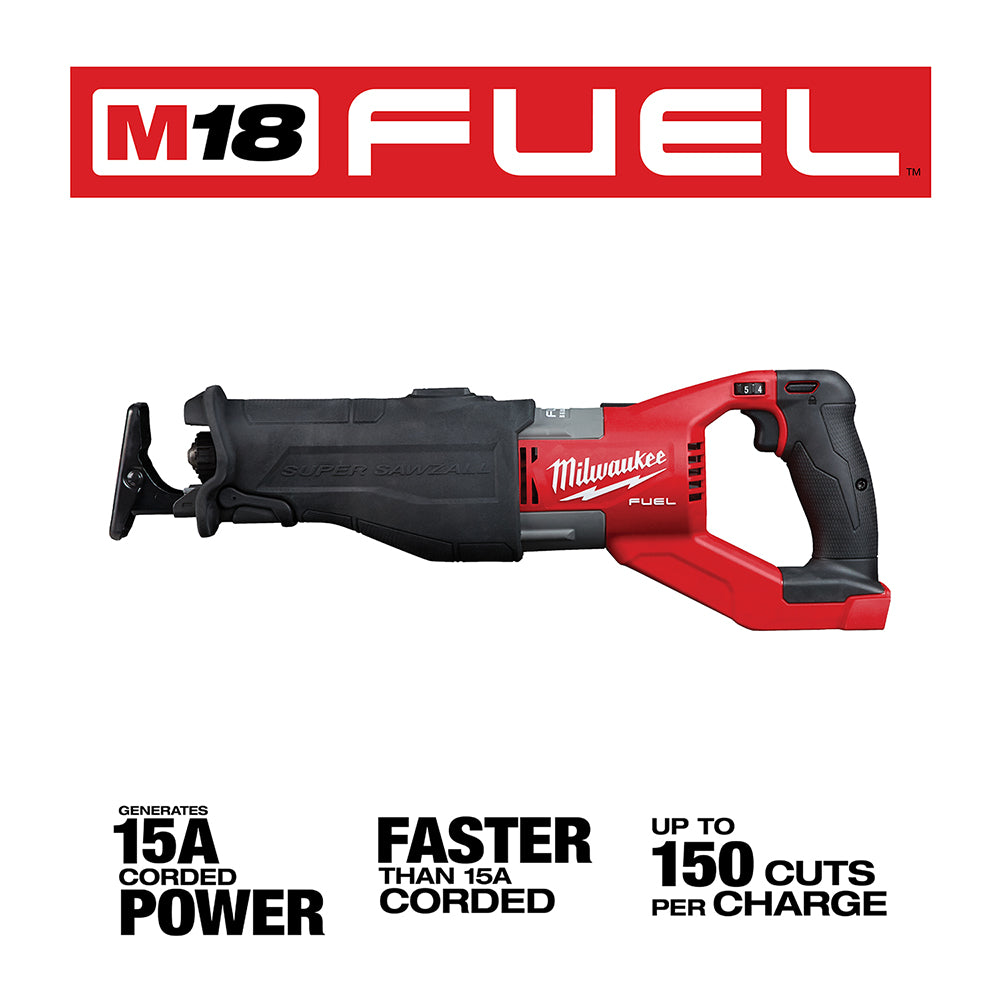 Milwaukee M18 FUEL Super Sawzall reciprocating saw with red and black body, shown from the side.