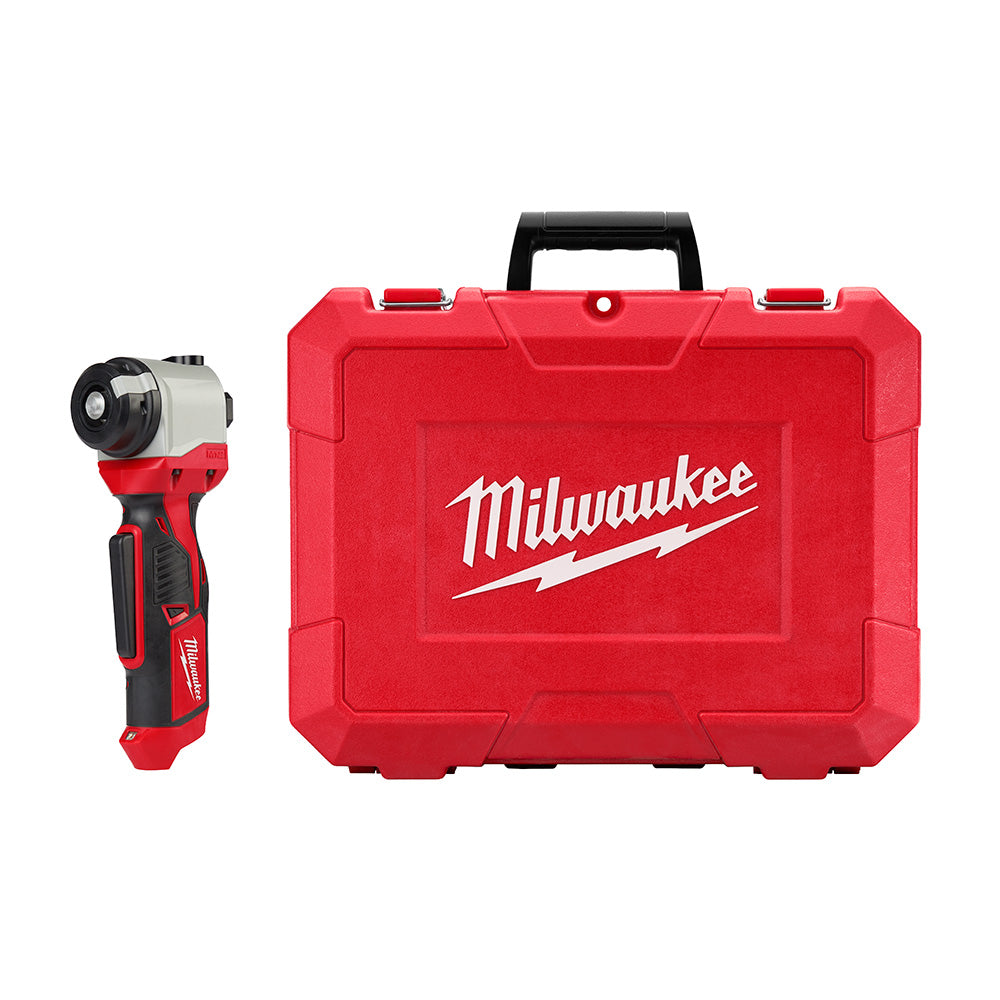 Milwaukee M12 cable stripper with red and black handle next to red carrying case with black handle.