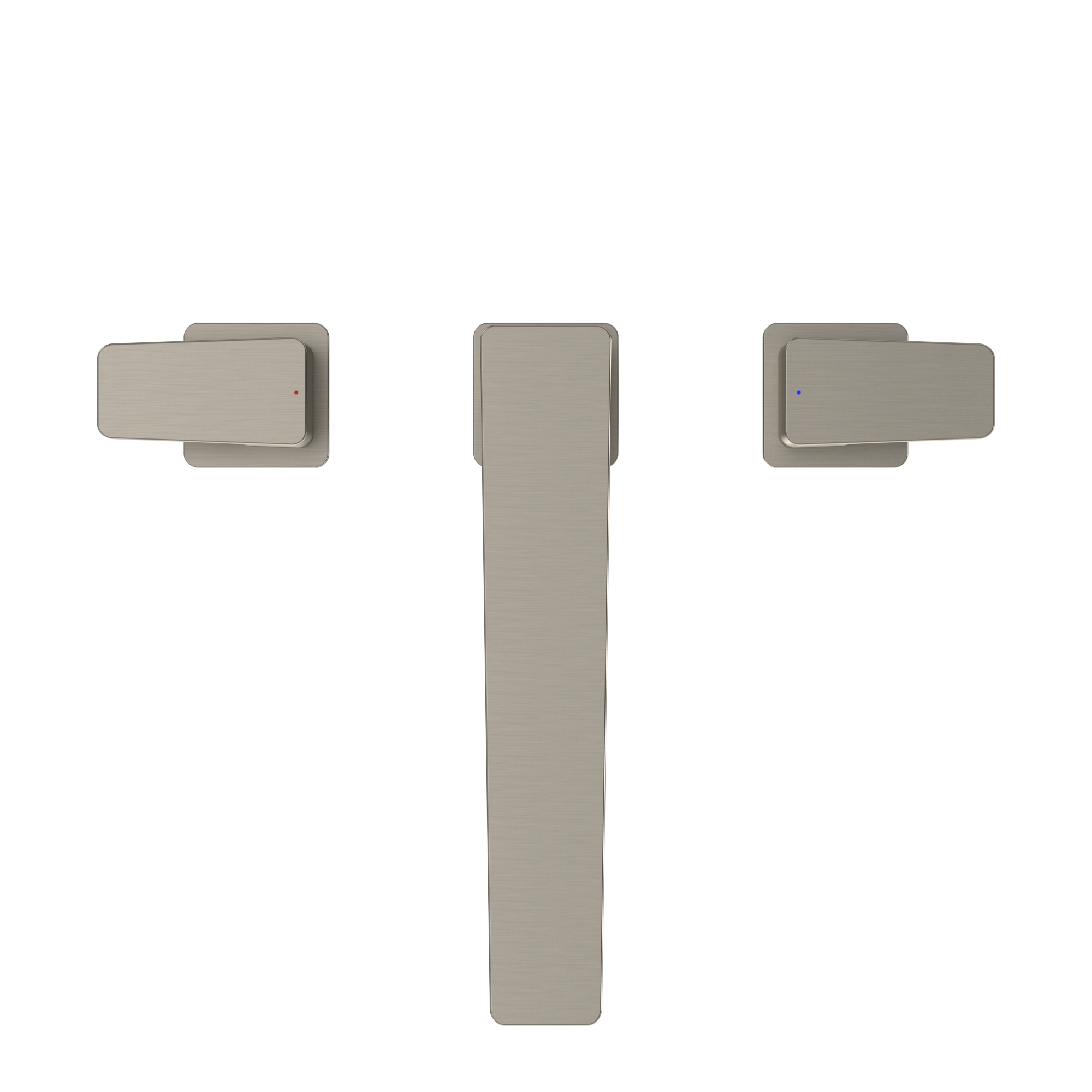 Brushed nickel two-handle roman tub filler trim with central vertical spout and side-mounted lever handles.