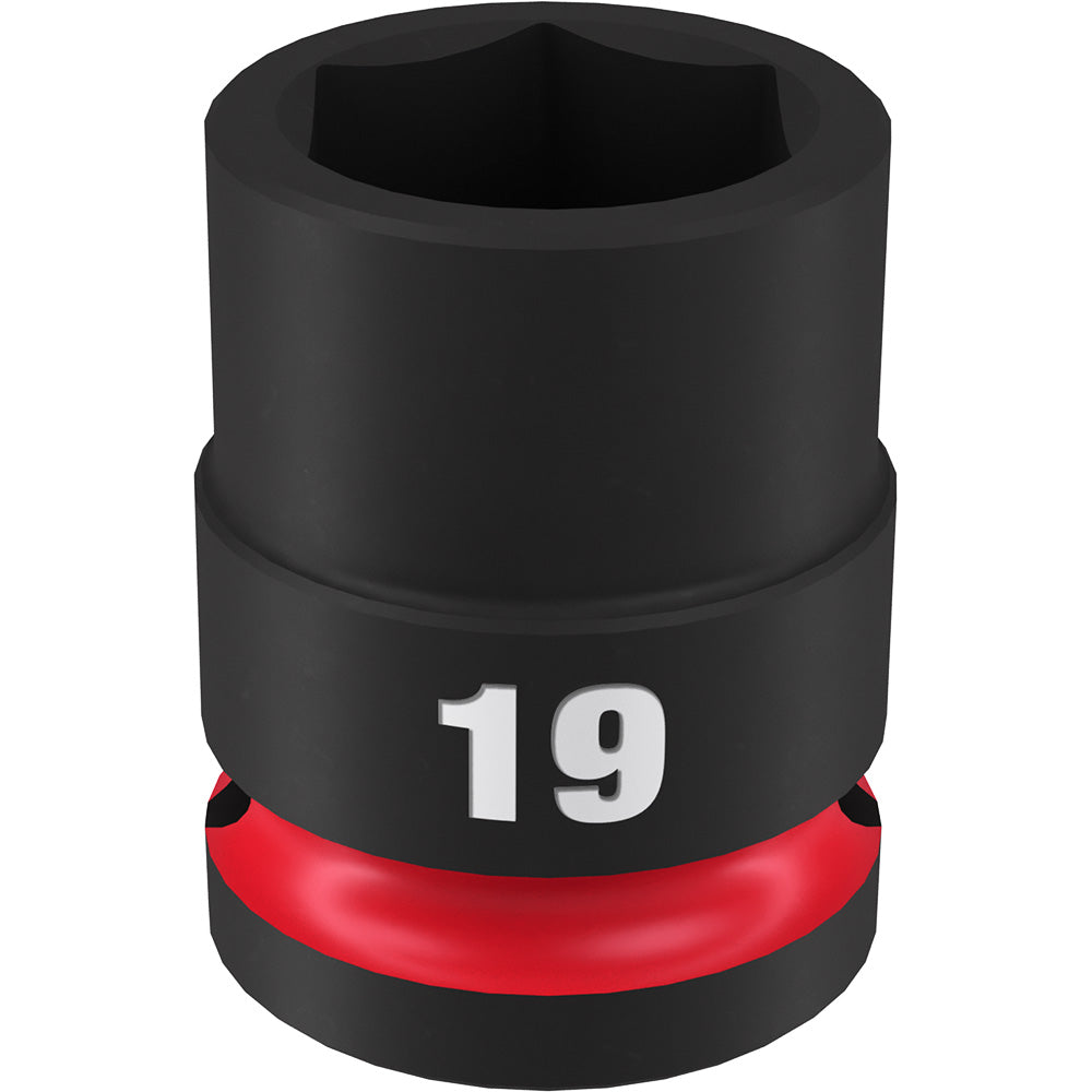 Black 19MM socket with hexagonal opening, red grip band at base, 1/2" drive size.