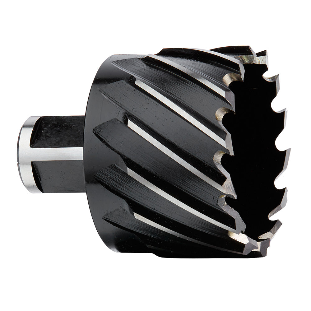 Milwaukee HSS annular cutter with 1-11/16 in. diameter, fluted cutting head, and cylindrical shank with retention slot.