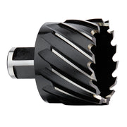Milwaukee 1-7/8 in. HSS annular cutter with 1 in. depth and cylindrical shank, showing fluted cutting edges and carbide tips.