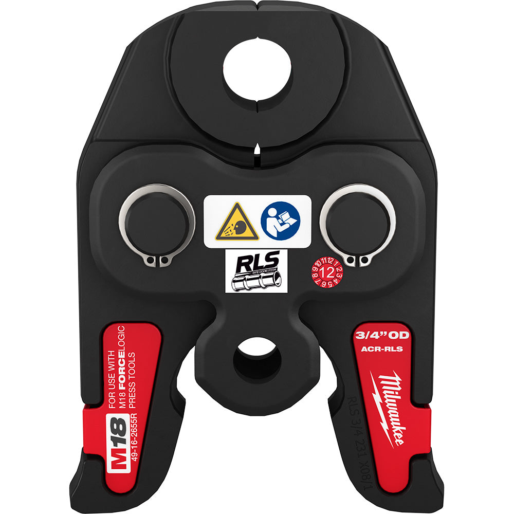 Black and red 3/4" RLS press jaw with circular openings, safety labels, and Milwaukee branding for M18 FORCE LOGIC tools.