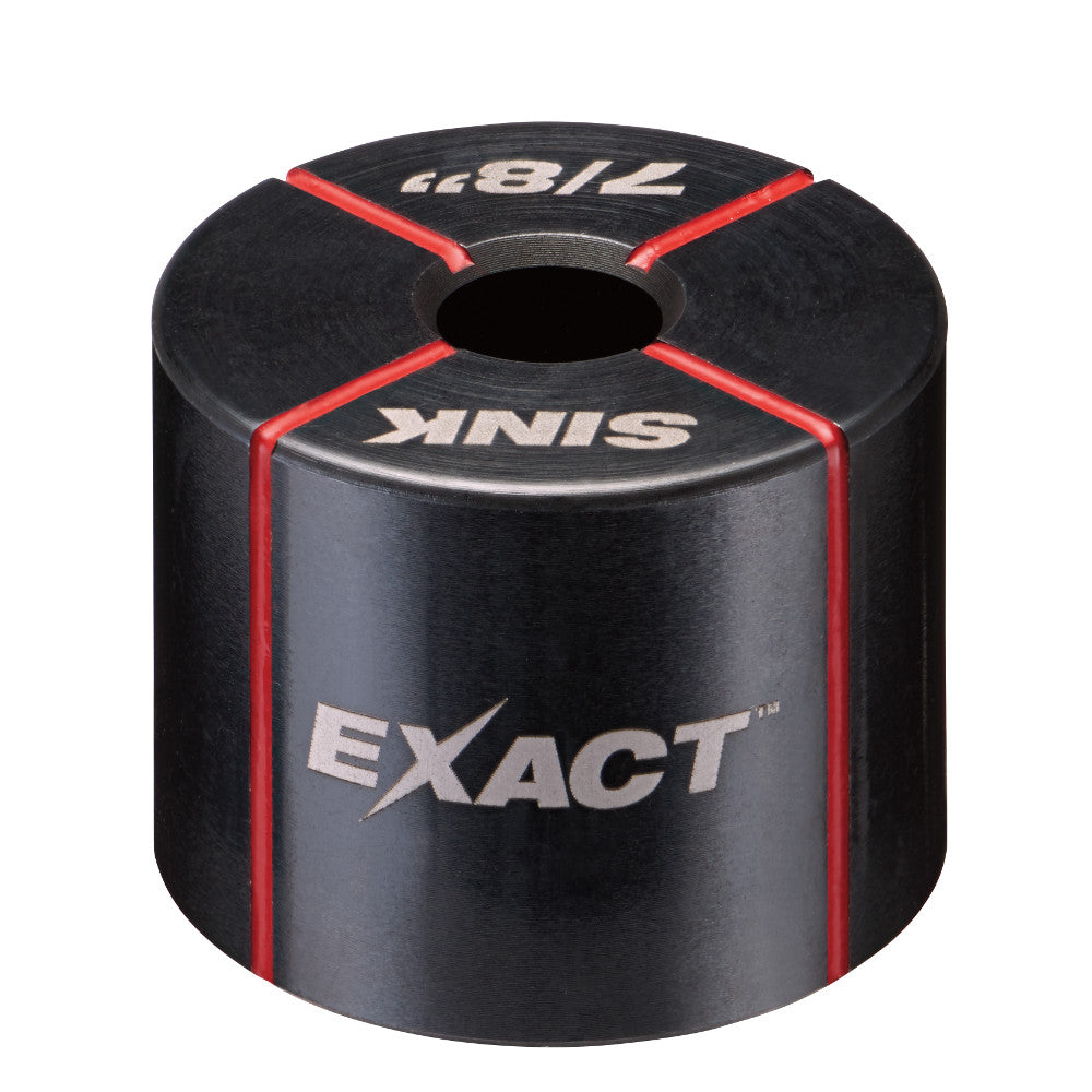 Black cylindrical sink die with red trim, Milwaukee EXACT branding, and 7/8 inch size marking on top.