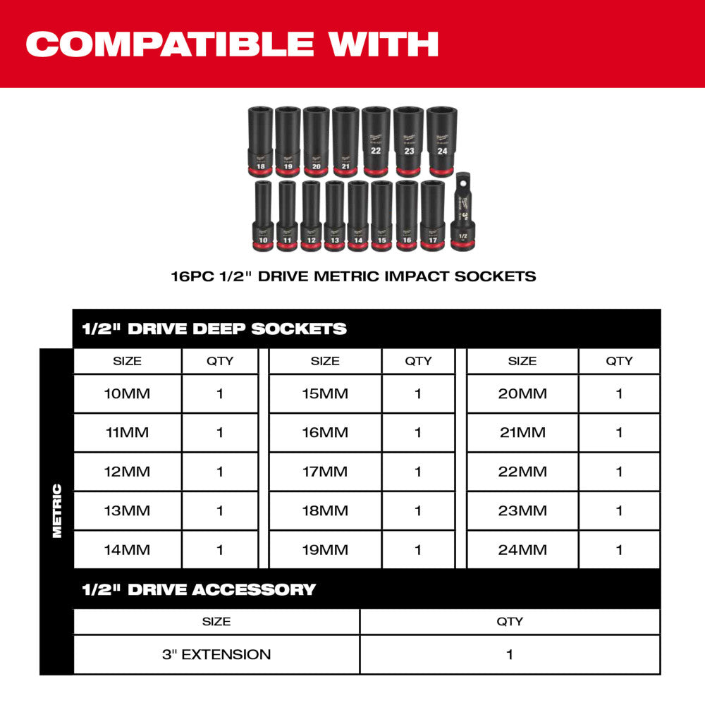 16 metric impact sockets ranging from 10mm to 24mm with 1/2" drive and 3" extension accessory displayed with size specificati