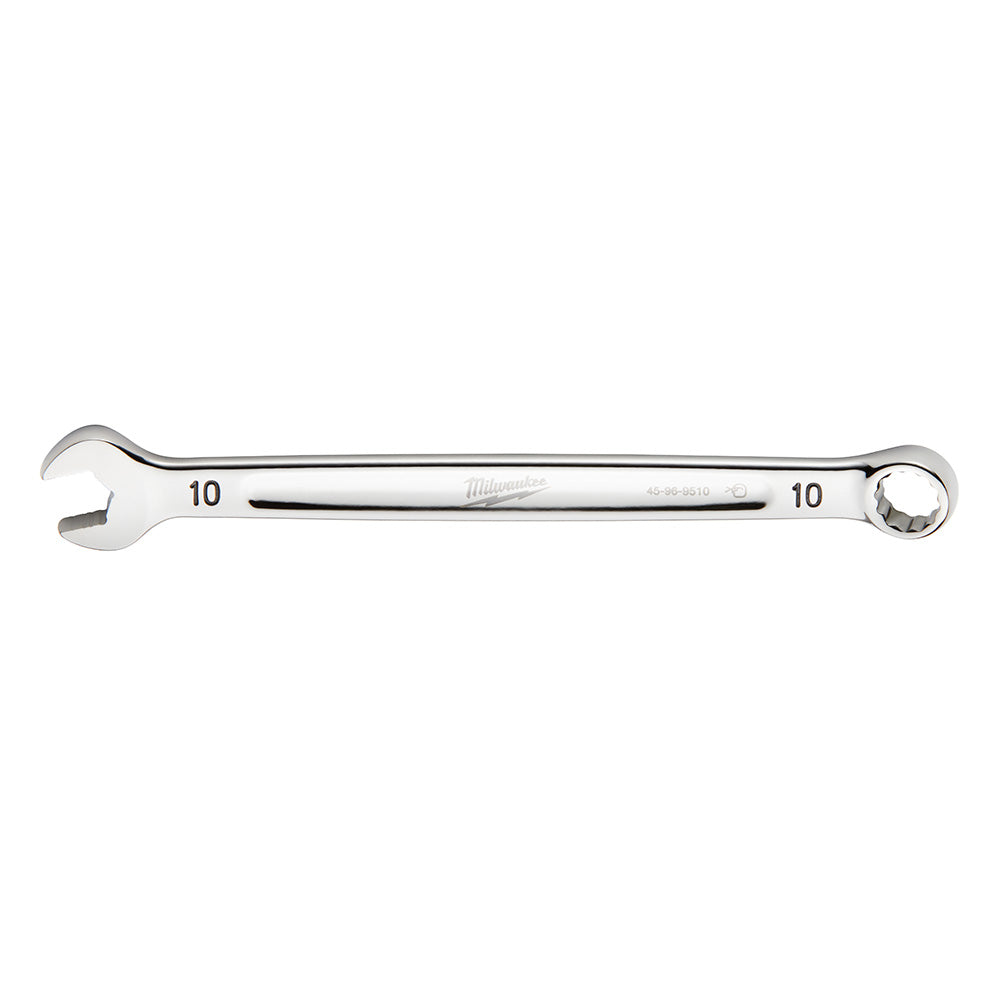 Milwaukee 10MM metric combination wrench with open end and closed loop end on polished steel shaft.