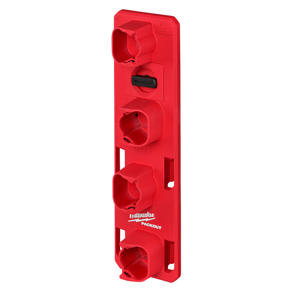 Red Milwaukee PACKOUT battery rack with four circular battery slots and black mounting hardware.