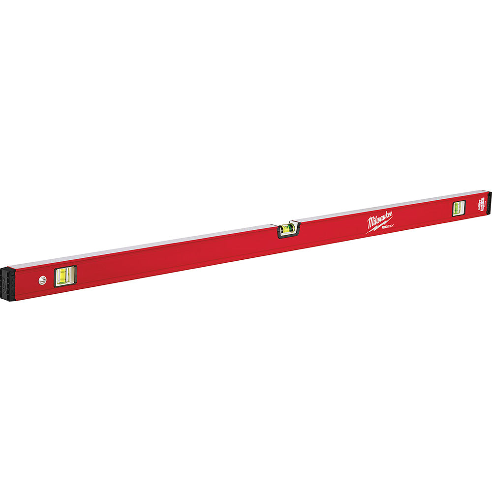 Red box level with two yellow bubble vials and black end cap, 48 inches long.