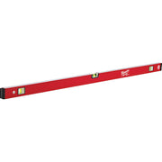 Red box level with two yellow bubble vials and black end cap, 48 inches long.