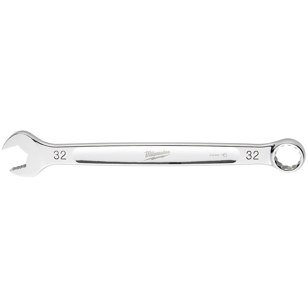 Silver Milwaukee 32mm combination wrench with open and closed ends, marked with size numbers on both sides.