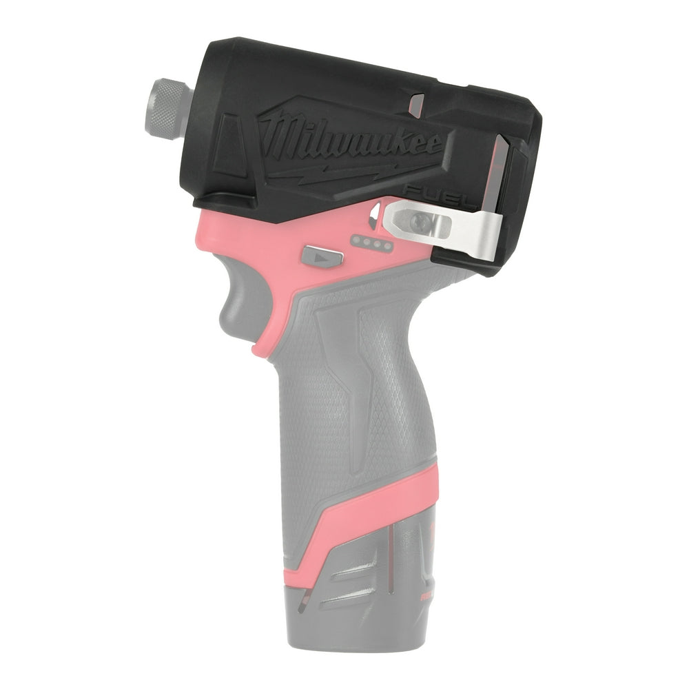 Black protective rubber boot with Milwaukee branding for M12 FUEL 1/4" hex impact driver.