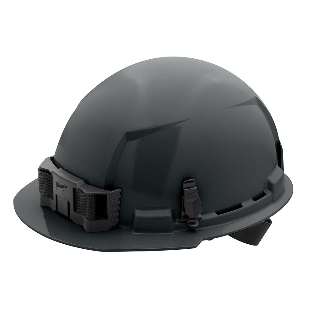 Gray hard hat with front brim and black ratcheting suspension straps visible on the sides.